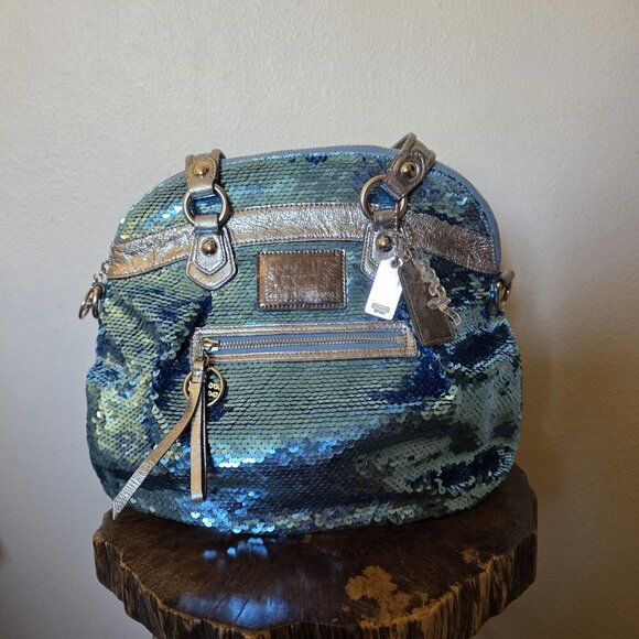Coach POPPY Y2K Limited Edition Turquoise Silver Sequin Tote Bag Rare - Picture 13 of 16